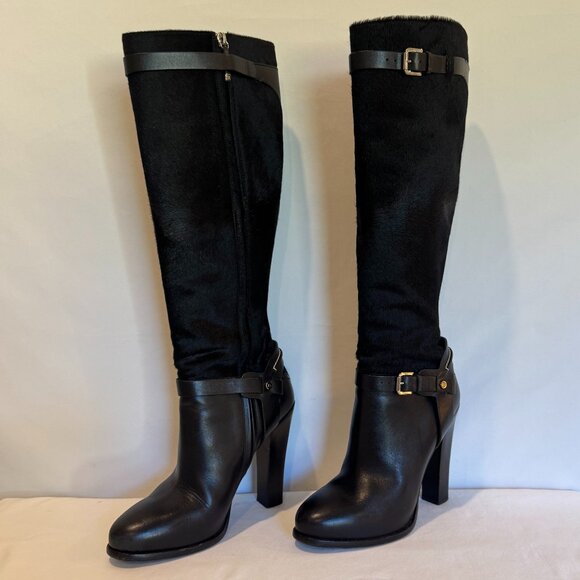 RALPH LAUREN BLACK LEATHER & PONY STACKED HEEL BOOT SIZE: 8-1/2B - Picture 2 of 13